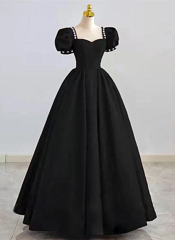 Black Sweetheart Short Sleeves Beaded Party Dress, A-line Black Satin Prom Dress Tunics Top rated