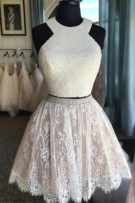Sexy Two Pieces Halter Lace skirt Pearls bodice Cute homecoming prom dresses, CM0010 Tunics Polka dots