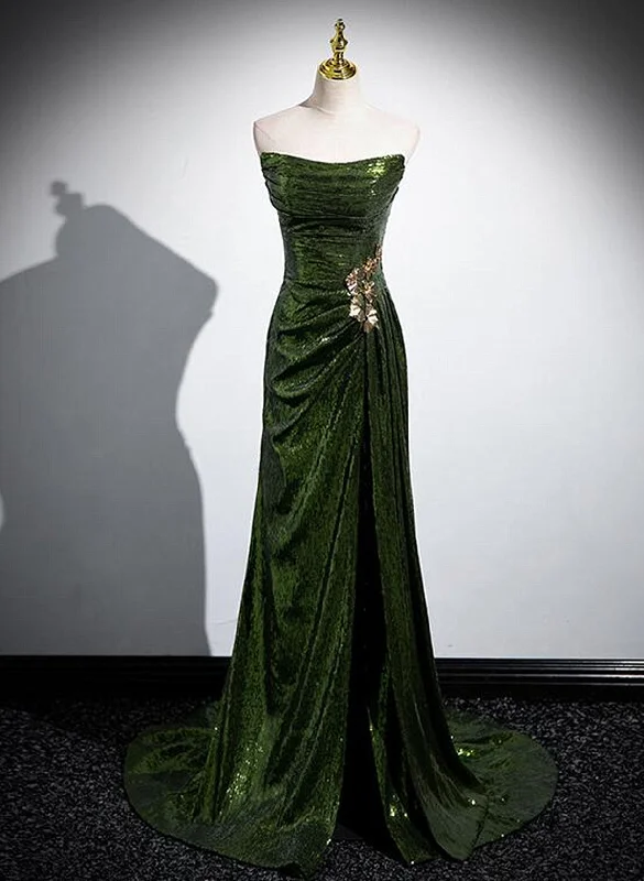 Green Sequins Mermaid Long Prom Dress with Leg Slit, Green Sequins Party Dress Tunics Handmade artisanal