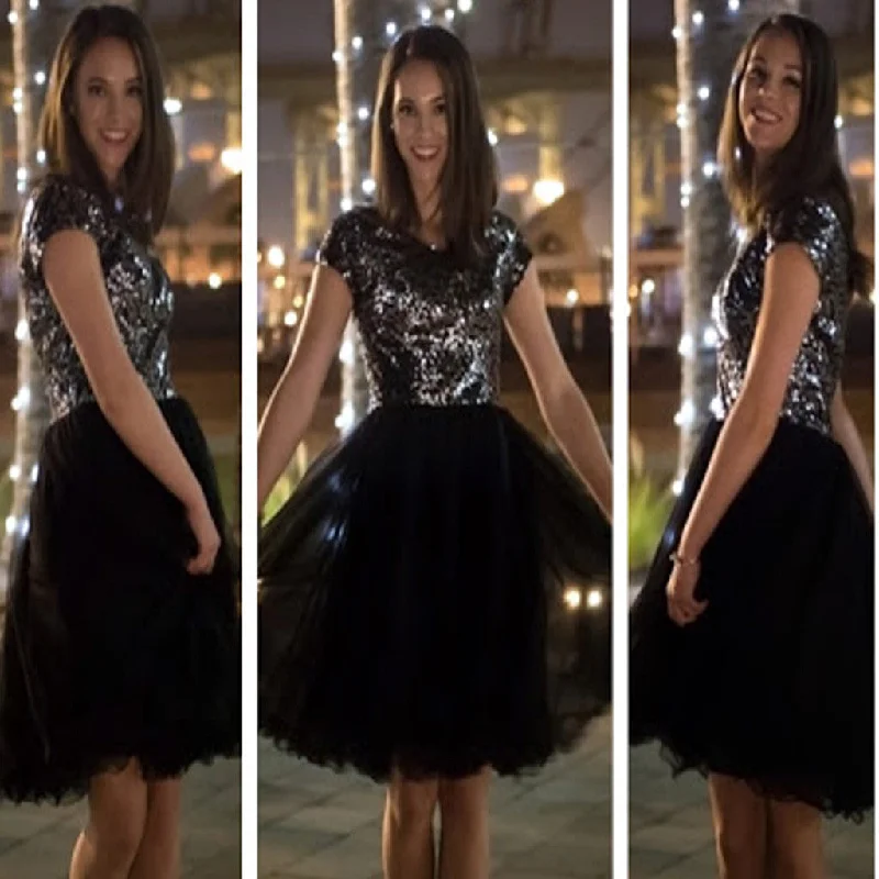 Short sleeve sequin sparkly black unique charming homecoming prom gown dress,BD0032 Tunics Long Elegant