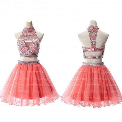 Sexy Coral Two Pieces Rhinestone Beaded homecoming prom dresses, CM0030 Tunics Gym athletic