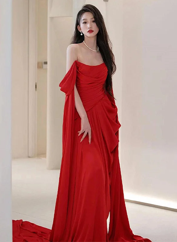 Red A-line Round Neckline Long Wedding Party Dress, Red Long Formal Dress Tunics Versatile stylish