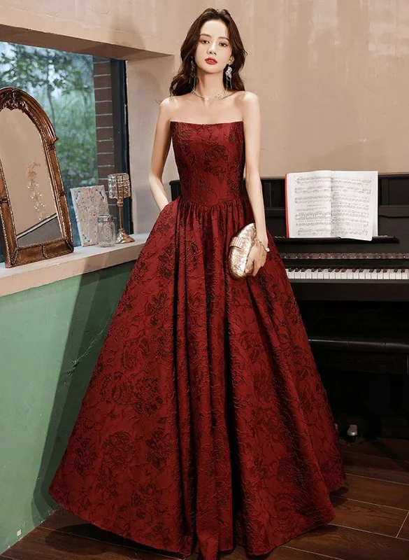 Wine Red Satin A-line Simple Party Dress, Wine Red Satin Prom Dress Evening Dress Pleated Skirt Elegant
