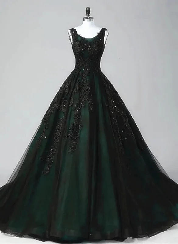 Black and Green Tulle with Lace Long Party Dress, A-line Low Back Evening Dress Tunics Cozy comfortable