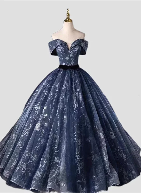 Off Shoulder Sweetheart Floral Tulle Prom Dress, Blue Long Party Dress Tunics Chic fashionable