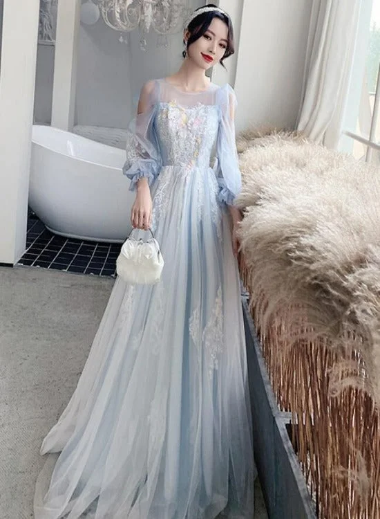 Blue Tulle with Lace Long Sleeves Floor Length Party Dress,A-line Tulle Evening Gown Tunics Satin smooth