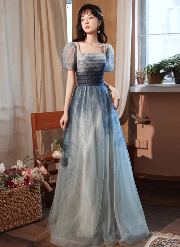 Blue Short Sleeves Gradient Tulle Long Party Dress, Blue Long Formal Dress Evening Dress Tunics Gym athletic