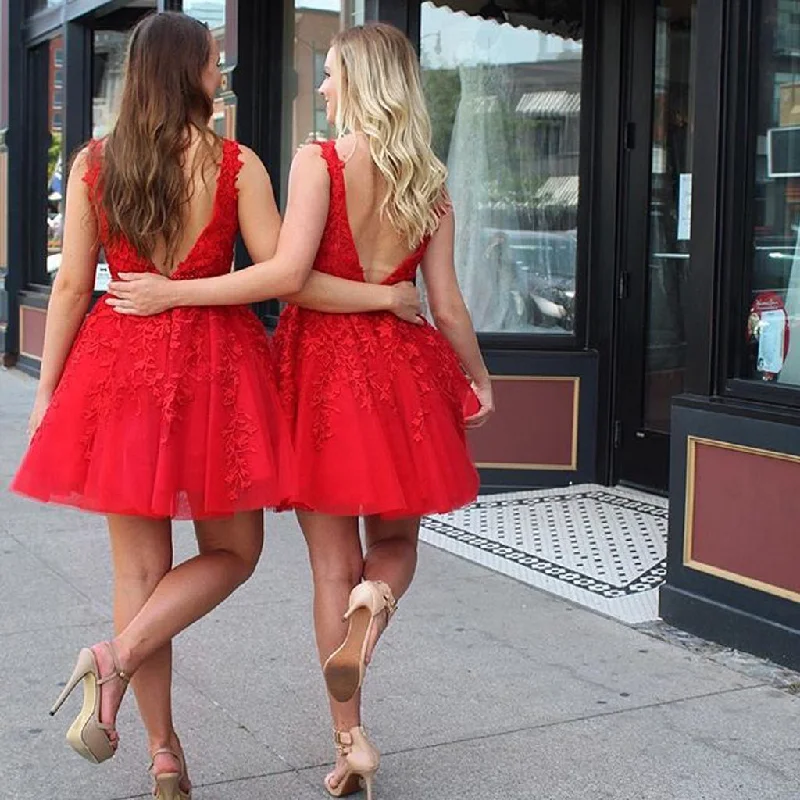 Red Tulle A-Line Homecoming Dress, Applique Sleeveless Beaded Homecoming Dress, KX1280 Tunics Vintage classic