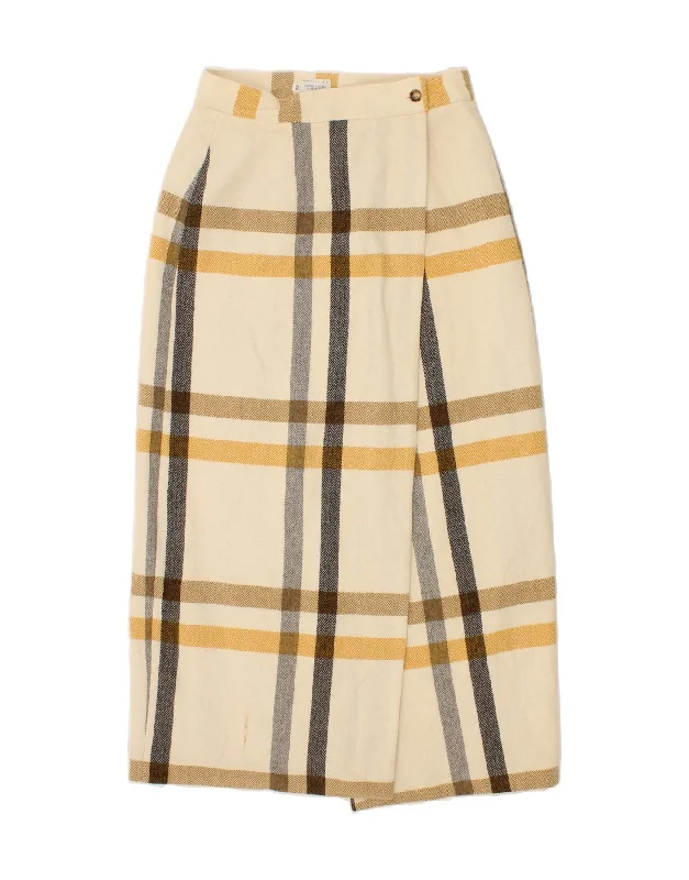 BENETTON Womens Wrap Skirt IT 44 Medium W28  Beige Check Wool spandex blend skirt