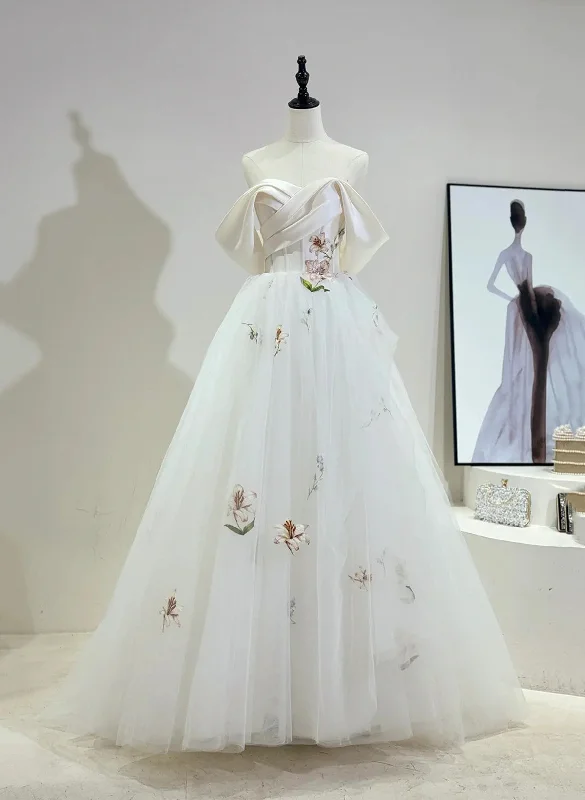 White Off Shoulder Tulle with Flower Lace Wedding Party Dress, White Formal Dress Tunics Stylish modern