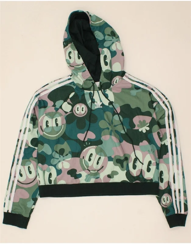 ADIDAS Womens Oversized Crop Graphic Hoodie Jumper UK 6 XS Multicoloured Hoodie with Logo Branding Identity