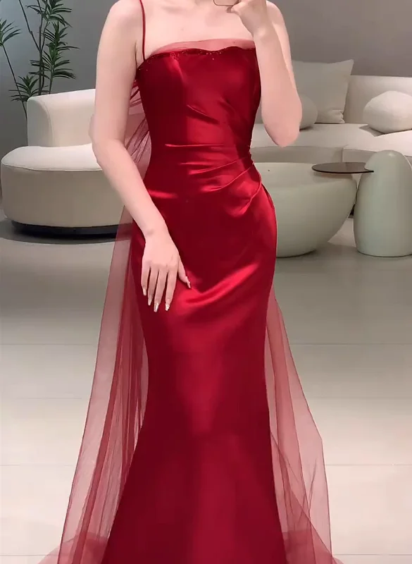 Red Soft Satin Mermaid Long Party Dress, Red Long Evening Dress Formal Dress Square Neckline Feminine