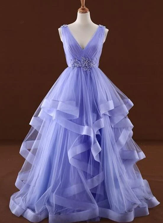 Lavender Tulle V-neckline Layers Long Sweet 16 Dress, Light Purple Prom Dress Party Dress Tunics Seasonal trendy