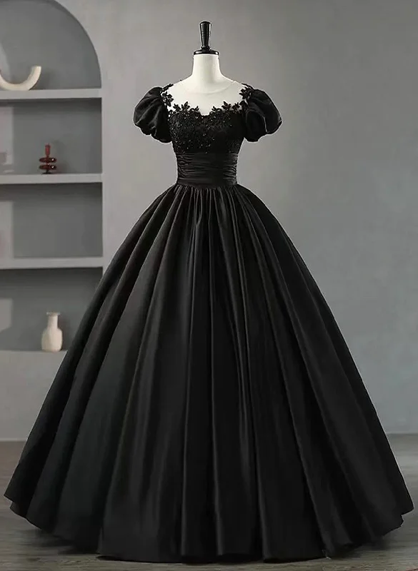 Black Satin Short Sleeves Round Neckline Party Dress, Black Sweet 16 Dress Tunics Occasion special