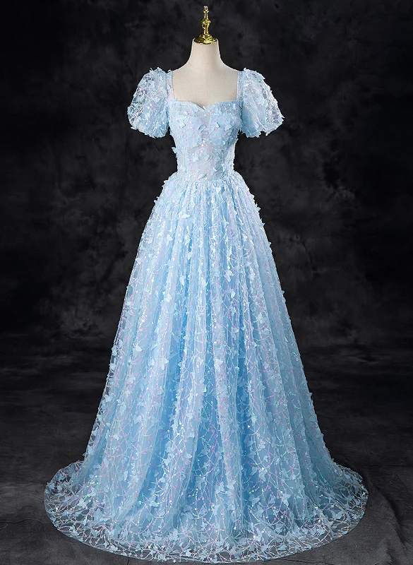 Light Blue Lace Sweetheart Short Sleeves Party Dress, Light Blue Prom Dress Off-the-shoulder Chic Trendy