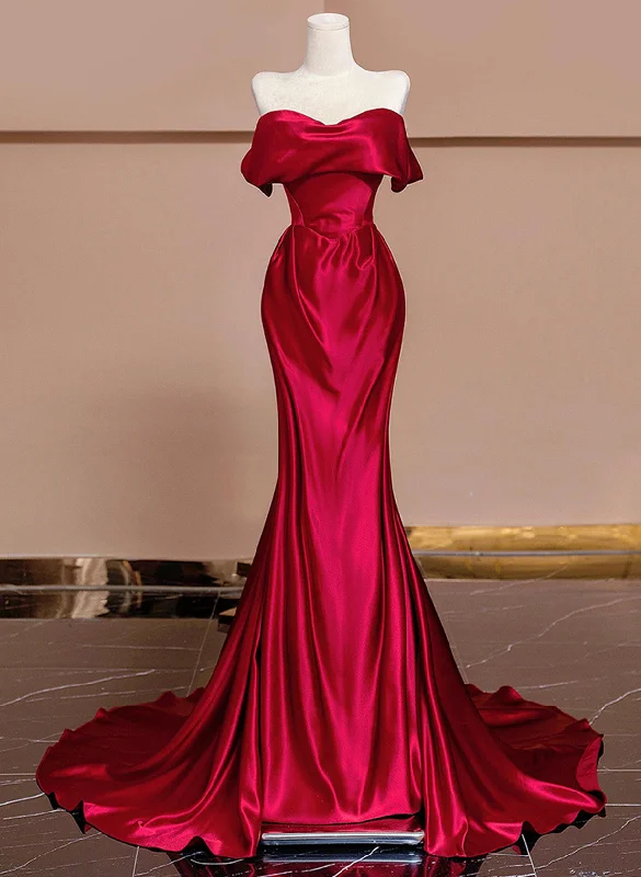 Wine Red Satin Off Shoulder Evening Dress, Wine Red Long Party Dress Tunics Luxurious premium