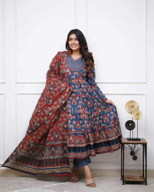 Women V Neck Printed Work Cotton Fabric Kurta Pant With Dupatta Set - Taantav Soft Wool Pants