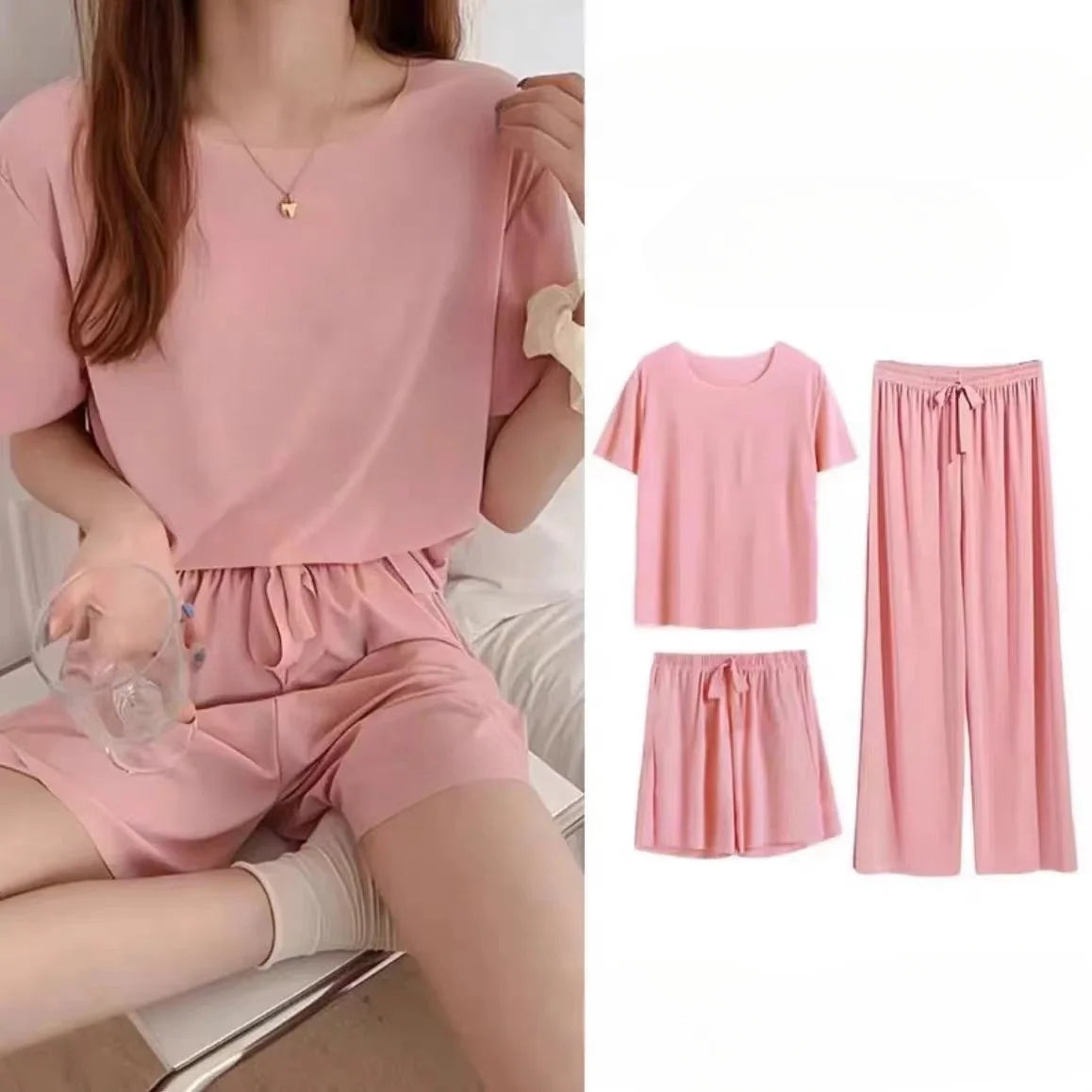 Pyjamas Ice Silk O Neck Thin Top With Elastic Waist Wide Leg Shorts And Long Pants Three Piece Set Sweet Casual Home Wear Elegant Dress Pants