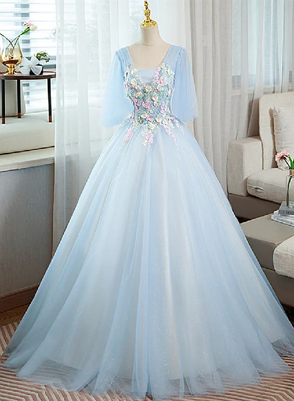 Light Blue V-neckline Long Puffy Sleeves Party Dress, Blue Evening Gown Tunics Party sparkling