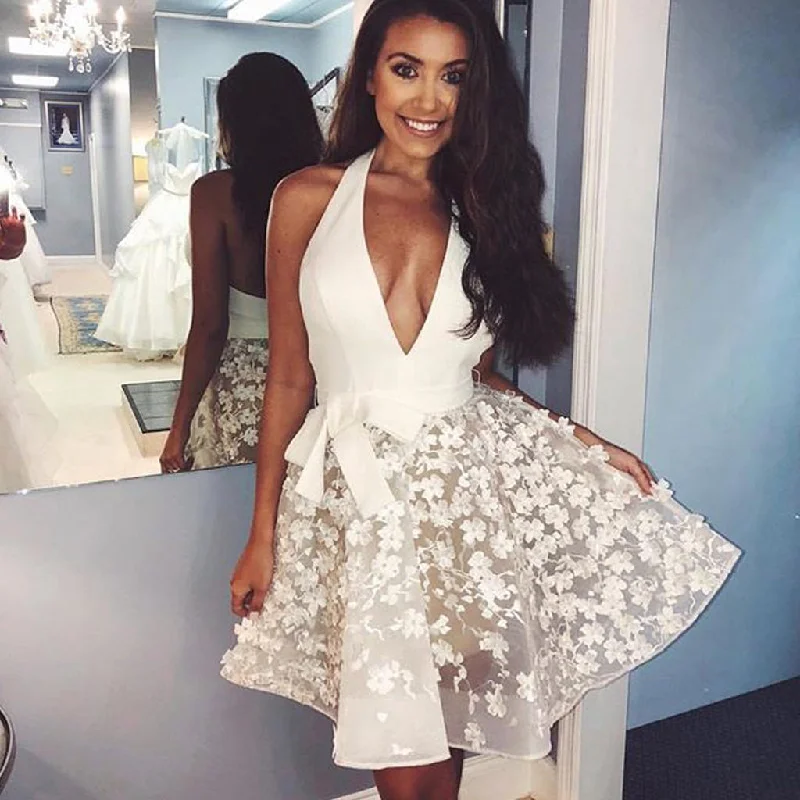 White Halter V-Neck Homecoming Dresses, Applique Backless Homecoming Dresses, KX1485 Tunics Office stylish
