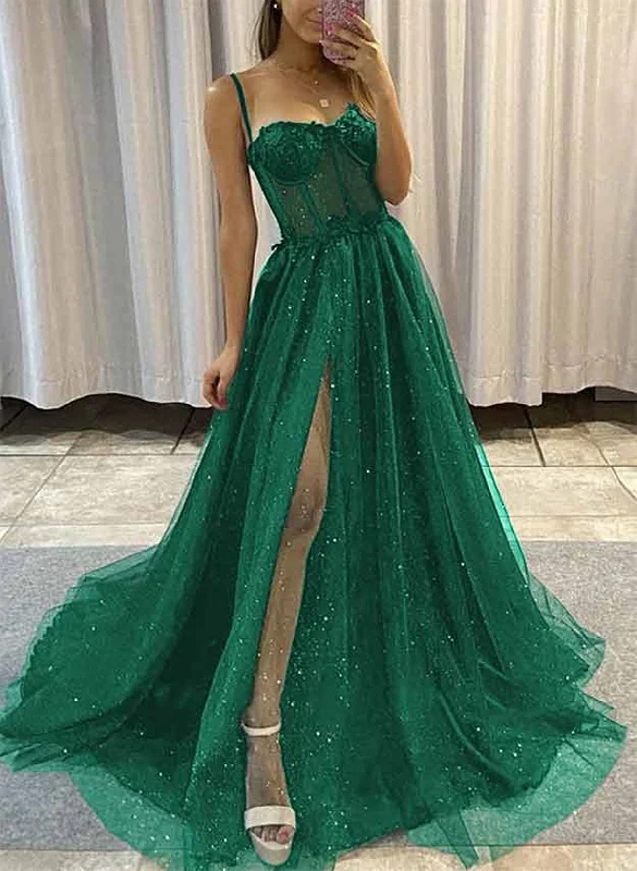 A-line Green Sweetheart Long Tulle Glitter Prom Dress, Green Straps Party Dress Tunics Floral girly