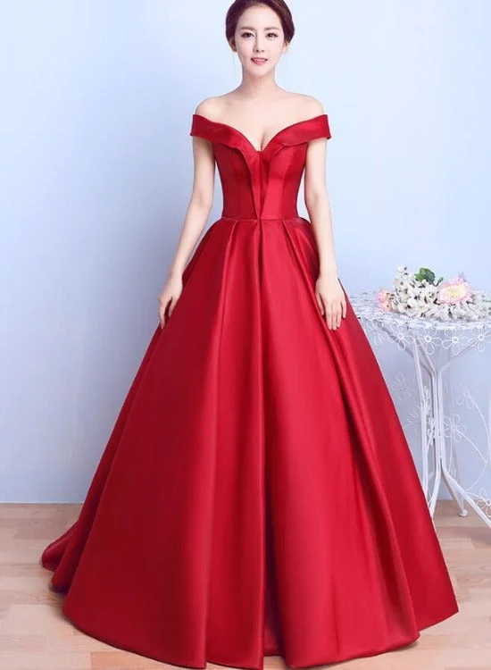 Red Satin Sweetheart Off Shoulder Long Formal Dress Evening Gown, Red Long Ball Gown Party Dress Satin Halter Glamorous