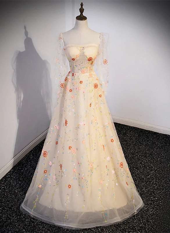 Light Champagne Long Sleeves Floral Tulle Party Dress, A-line Tulle Evening Dress Prom Dress Tunics Mesh breathable