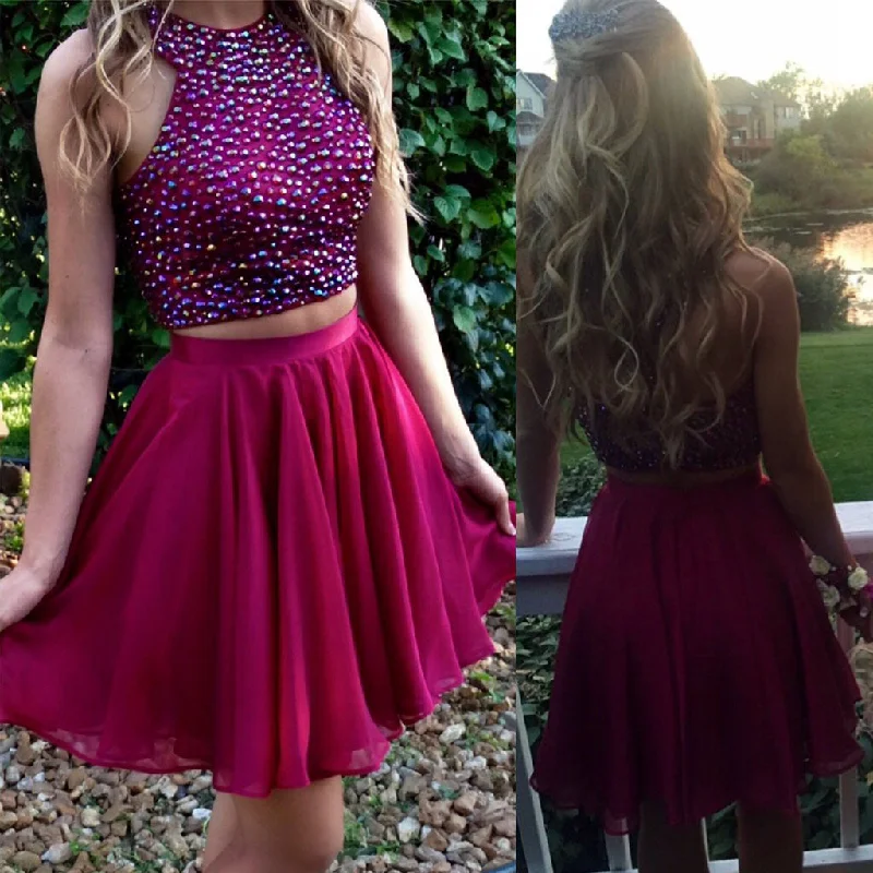 Short red two pieces beaded halter lovely freshman charming homecoming dress,BD0042 Tunics Fleece cozy