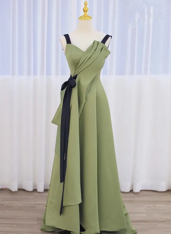 Green Satin Straps Long Party Dress, Green Satin Formal Dress Evening Dress Crew Neckline Sporty