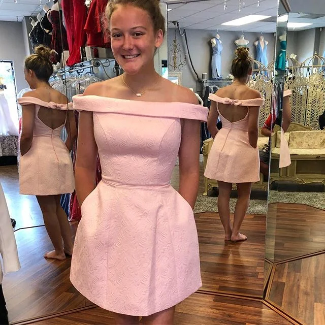 Cute Pink Off Shoulder Open-Back Lace A-Line Knee-Length Homecoming Dresses, KX1285 Tunics Handmade artisanal