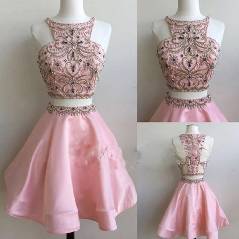 Popular pink Stunning Bateau Two pieces unique style cocktail homecoming prom gown gowns dress,BD00113 Tunics Mesh breathable