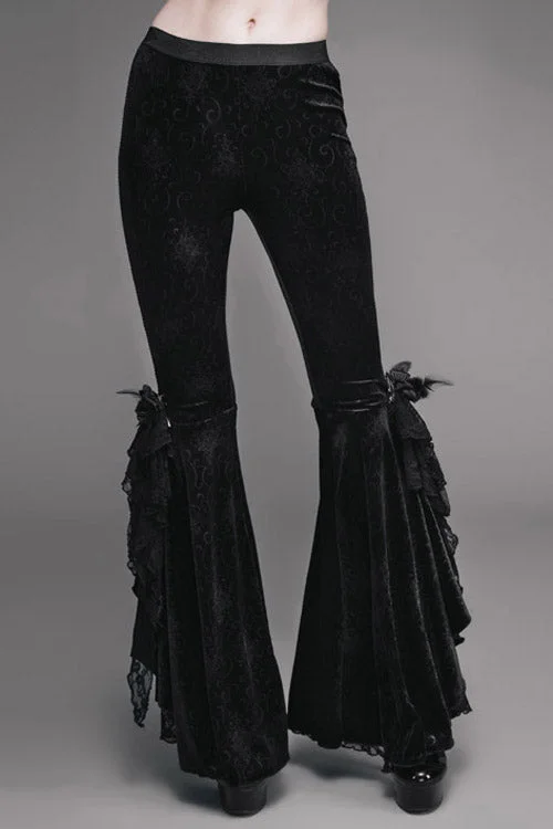 Black Gothic Lace Hem Embossed Velvet Flare Womens Pants Lightweight Jogger Pants