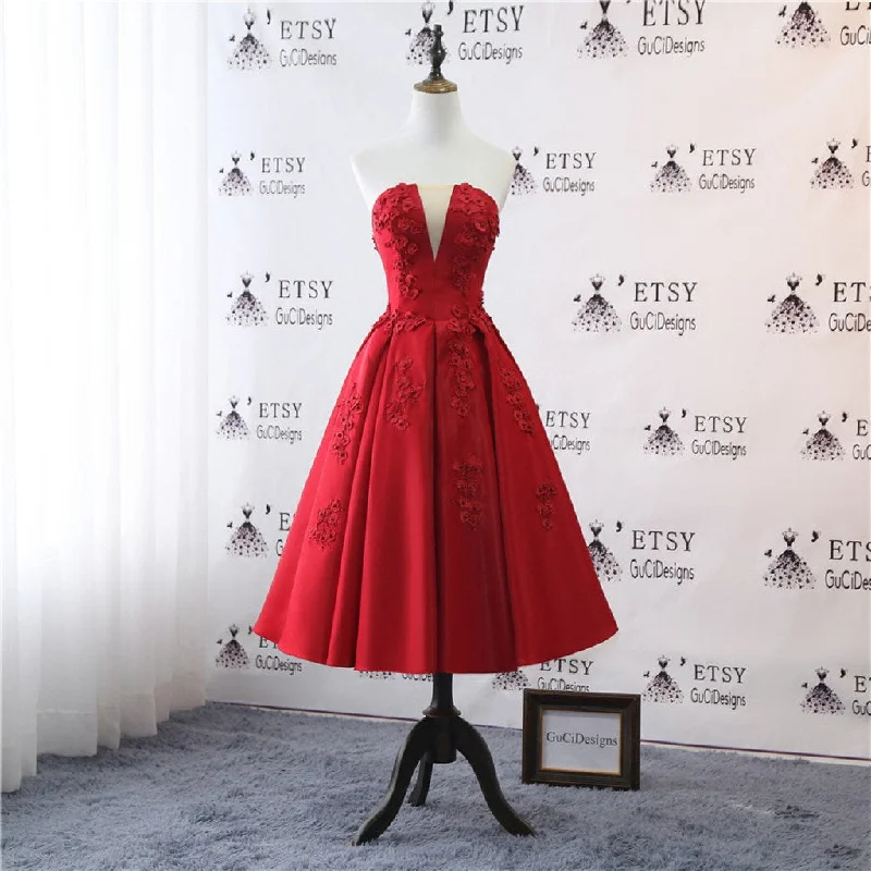 Red Satin Tea-Length Homecoming Dress, Applique Backless Homecoming Dress, KX1306 Tunics Essential wardrobe