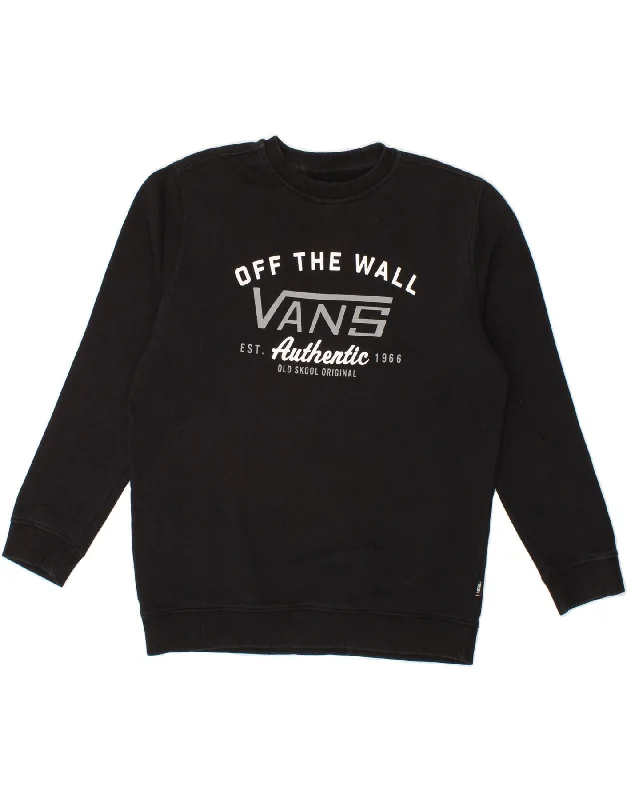 VANS Womens Graphic Hoodie Jumper UK 16 Large Black Hoodie with Hem Raw Edge Edgy Unfinished