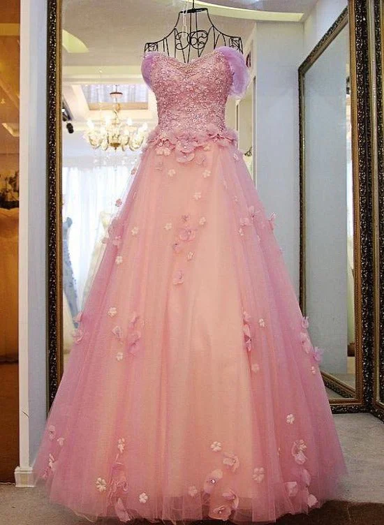 Gorgeous Pink Flowers Off Shoulder Party Dress, Pink Formal Dress Ball Gown Formal Dress Tunics Travel practical