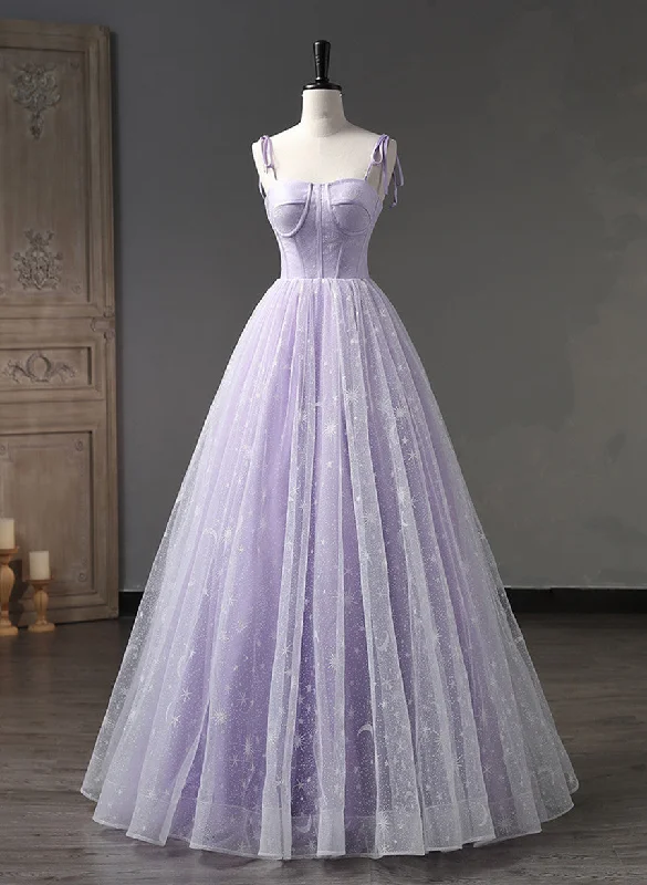 Lavender Tulle Floral Straps Floor Length Party Dress, Lavender Tulle Prom Dress Tunics Office stylish
