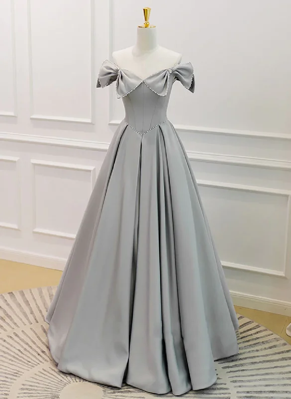 Grey Satin Beaded Long Party Dress with Bow, Grey A-line Prom Dress Tunics Denim casual