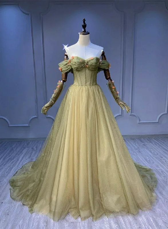 Beautiful Light Green Sweetheart Flowers Long Party Dress, Green Tulle Formal Dresses Boatneck Modish Everyday