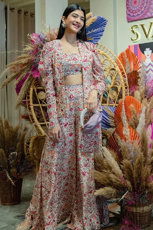 IVORY SAANJH PRINT SHARARA PANTS WITH BUSTIER AND LEG OF MUTTON JACKET IVORY Print Jacket Jacquard Jacket Embroidered Jacket