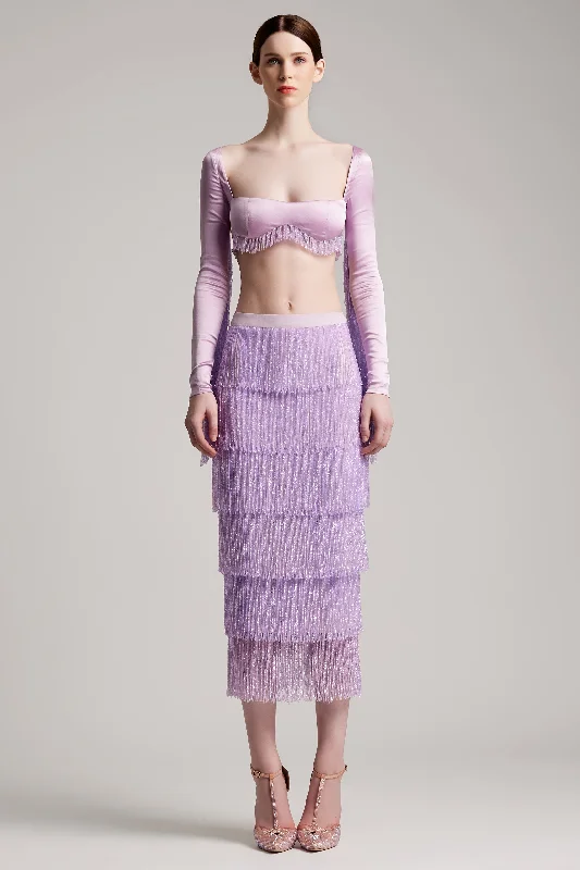 Tiered Crystal Fringe High Waisted Skirt in Lilac velvet skirt sumptuous