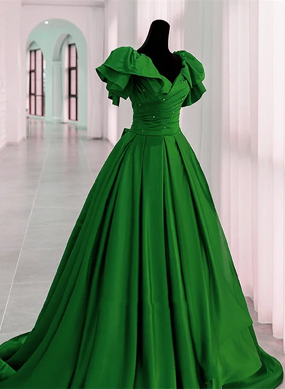 Green Satin Long Party Dress Short Sleeves, Green Satin Evening Dress Formal Dress Tunics Seasonal trendy
