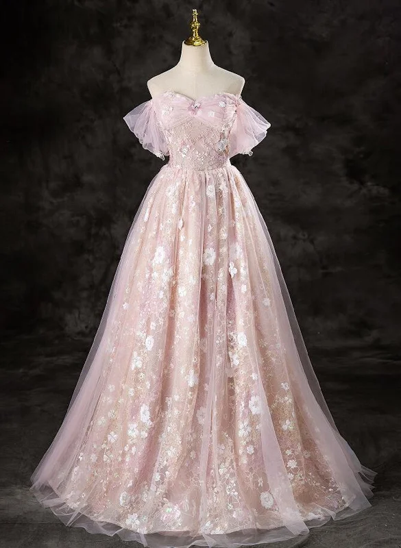 Pink Lace Off Shoulder Floor Length Party Dress, Pink Tulle Prom Dress Halter Neckline Beach