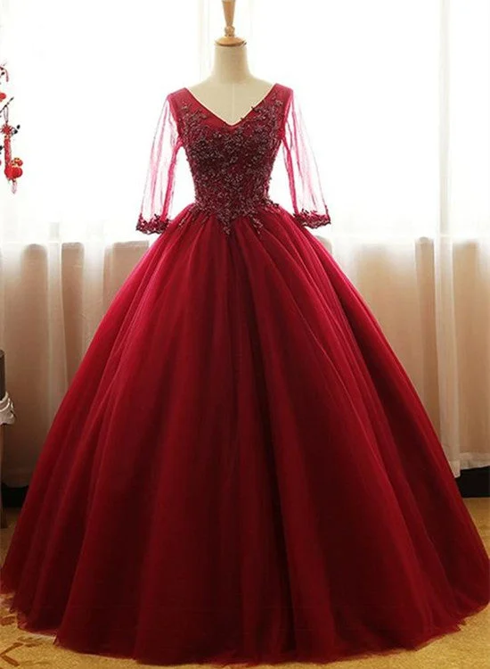 Wine Red 1/2 Sleeves Tulle Formal Gown ,Long Party Dress A-Line Day Work