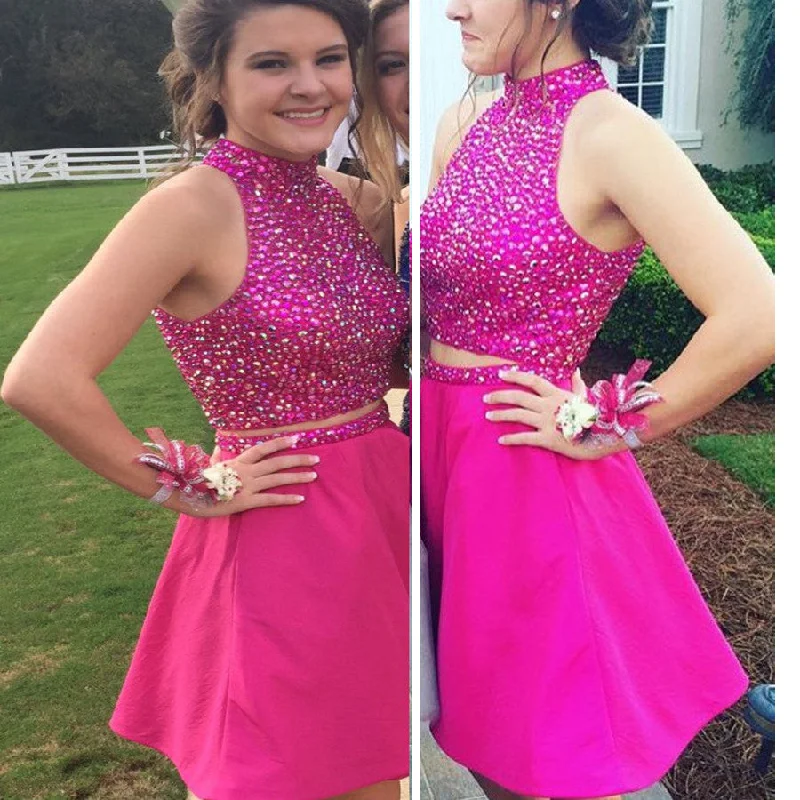 Rose red halter beaded two pieces Boho freshman casual homecoming prom dress,BD0097 Boatneck Modish Everyday