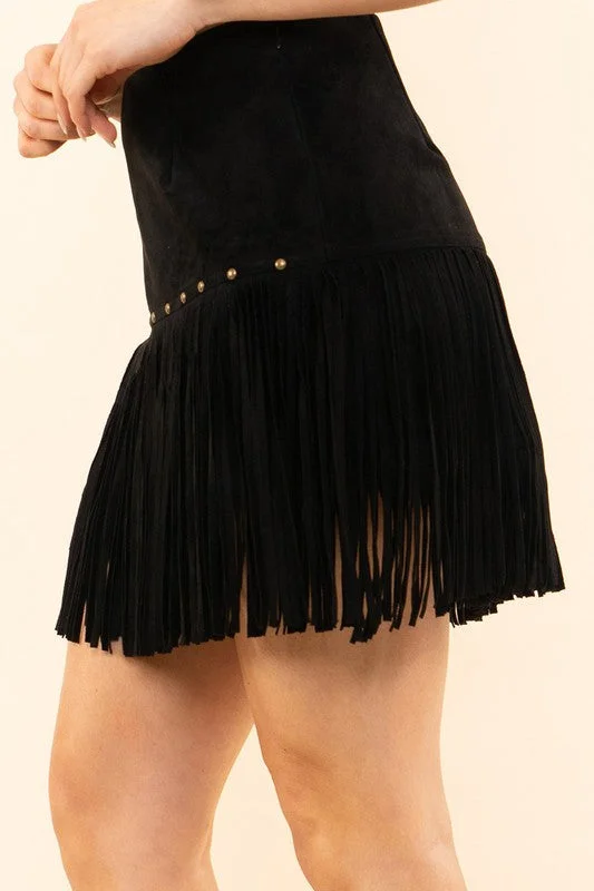 Fringe With Benefits Black Suede Mini Skirt (Size Medium) boho skirt vibe