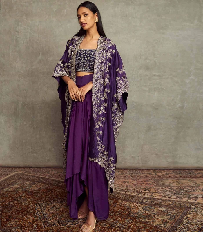 Purple Embroidered Cowl Skirt And Cape Set flowy skirt hem