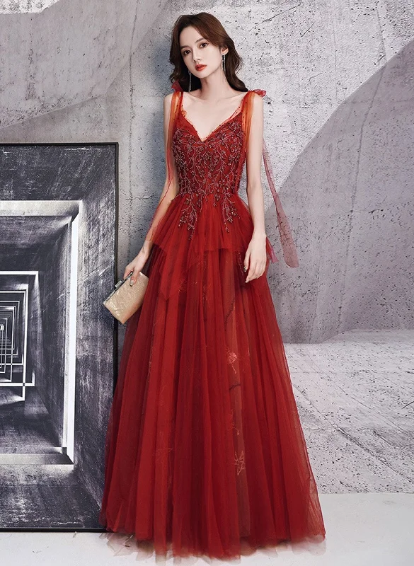 Wine Red Beaded Straps V-neckline Floor Length Party Dress, Wine Red Long Prom Dress Tunics Print Colorful