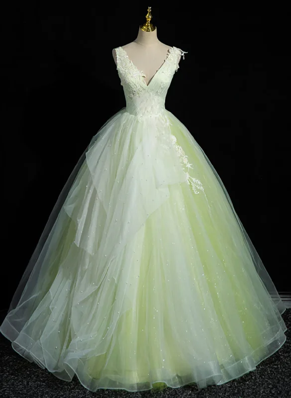 Light Green V-neckline Tulle Sweet 16 Dress, Light Green Long Prom Dress Party Dress Tunics Sophisticated sleek