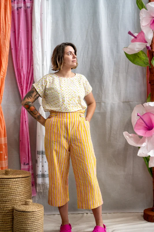 ¾ Button Pants – Pink & Yellow Candy Stripe Print Classic Stretch Pants