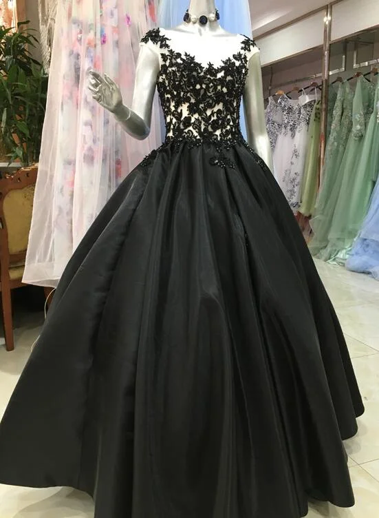 High Quality Satin with Lace Applique Round Neckline Formal Gown, Black Party Dresses Prom Dress Tunics Ceremony elegant